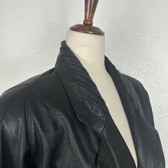 Jacqueline Ferrar Leather Trench Coat Women Large Black Matrix Longline VIntage - Picture 9 of 14